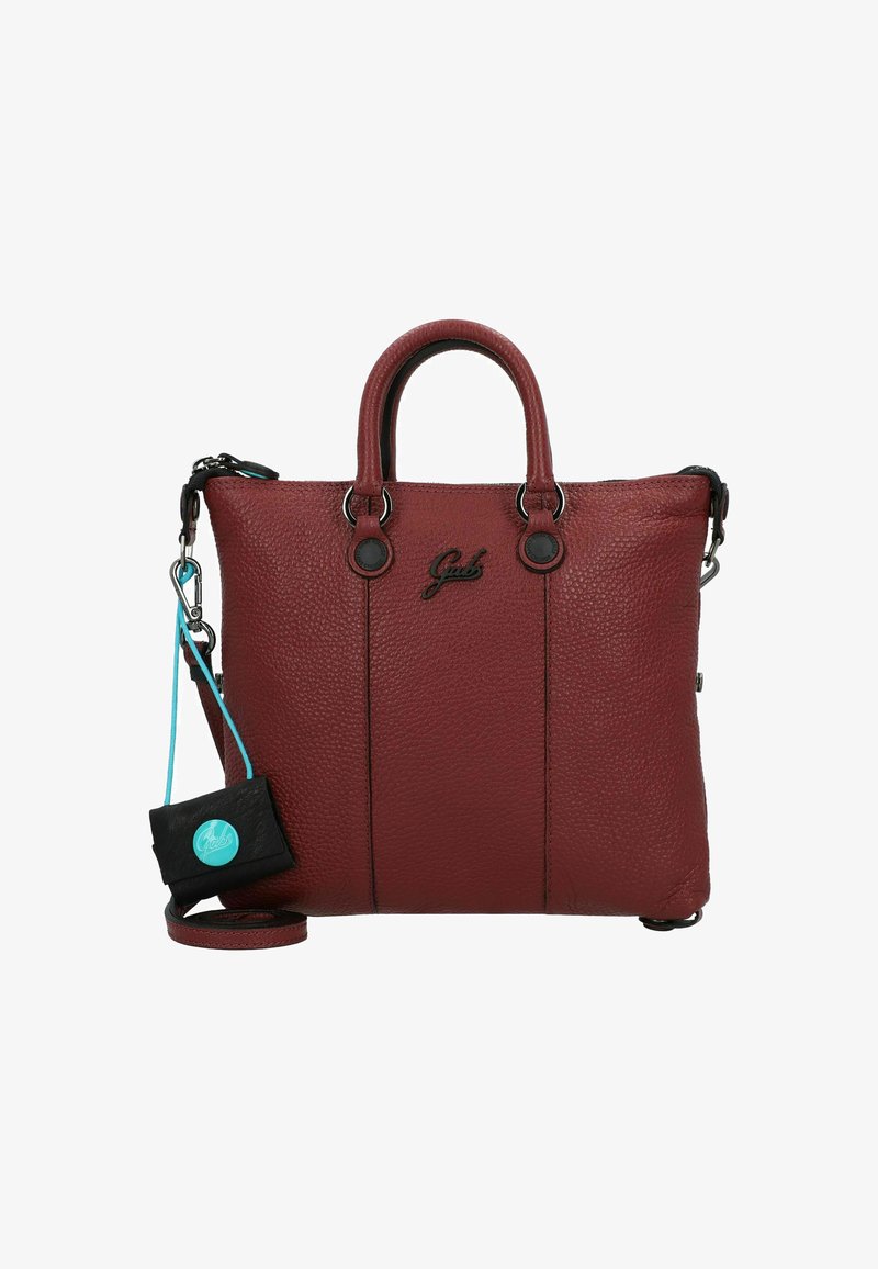 Borsa a mano in pelle rossa con superficie testurizzata, due manici superiori, tracolla rimovibile e un'etichetta nera con un logo blu attaccato.