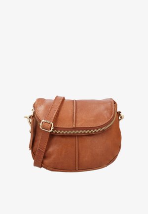Brown leather crossbody bag with front zippered flap, adjustable strap with buckle, and gold-tone hardware on a white background.