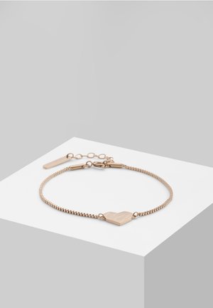Roségouden armband met een schakeldesign, met een hartvormige bedel met een geometrisch patroon. Verstelbare sluiting voor maatvariaties.