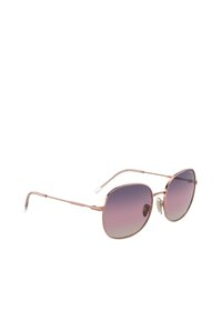 Occhiali da sole con lenti ovali sovradimensionate in una sfumatura che va dal viola scuro al viola chiaro. Montatura in metallo sottile color oro rosa con punte delle aste trasparenti.