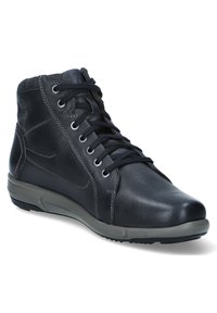 Sorte læder ankelstøvler med snøringer foran, tekstureret bagpanel og gummisål. Har stikninger som dekoration og rund tå-design.