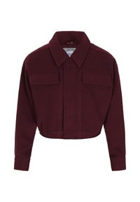 Gekürzte kastanienbraune Jacke aus strukturiertem Stoff mit spitzem Kragen, vorderem Knopfverschluss und zwei Brusttaschen.