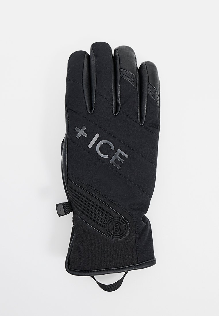 Czarne ocieplane rękawice z pikowanym wzorem, z teksturowaną skórzaną dłonią, logo +ICE oraz regulowanym zapięciem na nadgarstku, zapewniającym pewne dopasowanie.