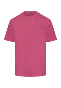 T-shirt di cotone rosa con scollatura rotonda e maniche corte. Design semplice, texture liscia e taglio dritto. Senza motivi o accenti.