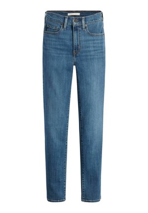 Blue denim jeans with a straight cut, five-pocket design, and a button closure. Features slight fading and contrasting stitching.