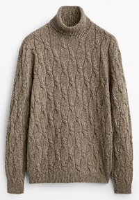 Pull en tricot marron avec un col roulé à côtes et un motif en relief. Manches longues avec des poignets et un ourlet élastiques. Matière douce et épaisse.