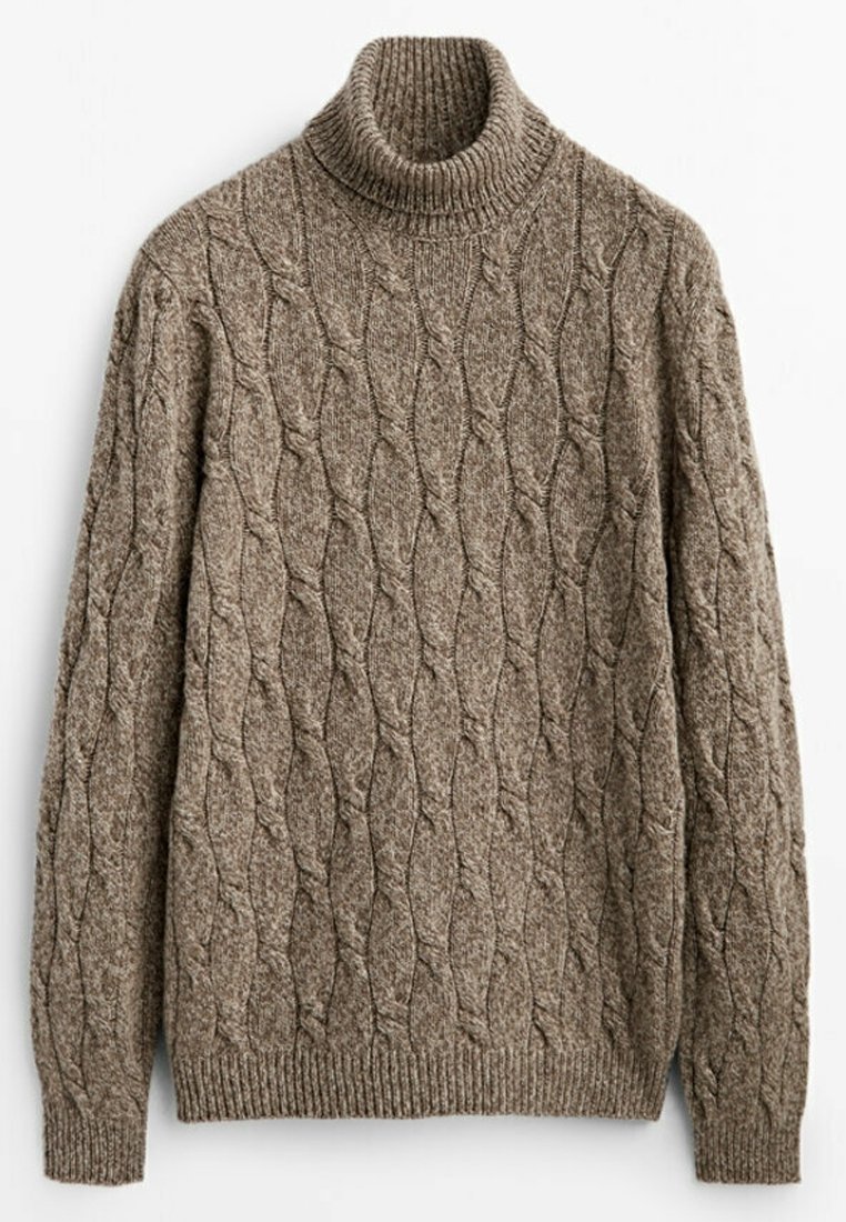 Pull en tricot marron avec un col roulé à côtes et un motif en relief. Manches longues avec des poignets et un ourlet élastiques. Matière douce et épaisse.