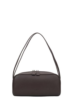 Prostokątna torebka na ramię z ciemnobrązowej skóry, z podwójnym zamkiem błyskawicznym i cienkimi podwójnymi paskami.