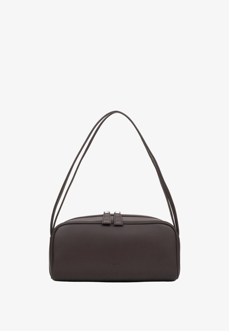 Sac bandoulière rectangulaire en cuir marron foncé avec fermeture à double fermeture éclair et fines doubles anses.