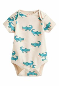 Krátky rukáv, krémové body s potlačou modrých usmievajúcich sa krokodílov a bodiek, spolu so slovom "ŠŤASTNÝ" v oranžovej farbe. Bavlnený materiál.