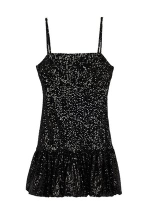 Robe mini noire sans manches avec fines bretelles, couverte de sequins brillants et un ourlet à volants.