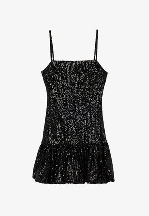Zwart mouwloos mini-jurkje met dunne bandjes, bedekt met glanzende pailletten en een geplooide zoom.
