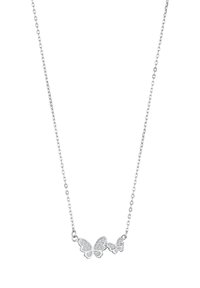 Srebrny naszyjnik w kształcie motyla z trzema połączonymi wieszakami. Motyle mają błyszczący wzór, zawieszone na delikatnym łańcuszku.