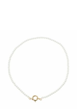 Collana di perle bianche con una chiusura in metallo dorato, con perle sferiche uniformi e una texture liscia. Design e finitura classici.