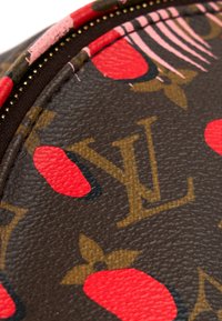 Gros plan de cuir marron texturé avec monogramme Louis Vuitton doré et motifs floraux rouges sur un bord arrondi.