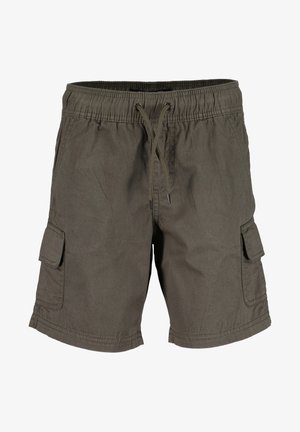 Olive zielone szorty typu cargo z elastycznym pasem, wiązaniem na sznurek i klapkami kieszeni po obu stronach.
