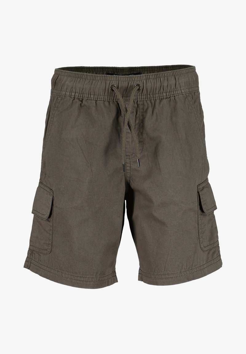 Shorts cargo vert olive avec taille élastique, fermeture à cordon et poches à rabat de chaque côté.