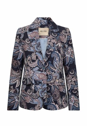 Sötétkék blézer bonyolult világoskék és mályva színű virágmintás paisley mintákkal, két elülső zsebbel és egyetlen gombos záródással.