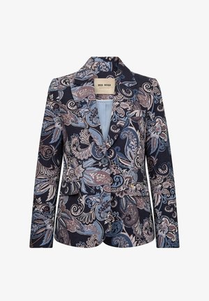 Sacou bleumarin cu modele complicate florale paisley în tonuri de albastru deschis și lila, două buzunare frontale cu clapetă și o închidere cu un singur nasture.