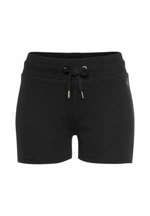Black athletic shorts made of soft fabric, featuring a ribbed waistband, drawstring closure, and small logo detail on the side.