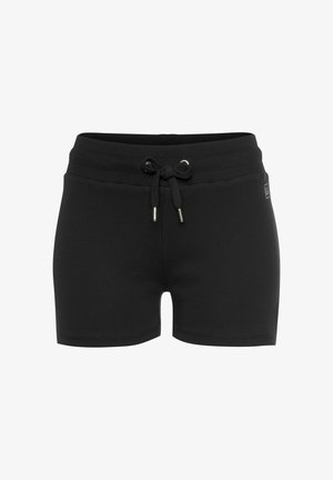 Black athletic shorts made of soft fabric, featuring a ribbed waistband, drawstring closure, and small logo detail on the side.