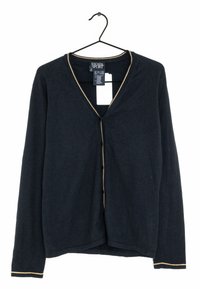 Navy blue cardigan with a V-neck, long sleeves, and gold piping along the neckline and down the front. Five black buttons for closure.