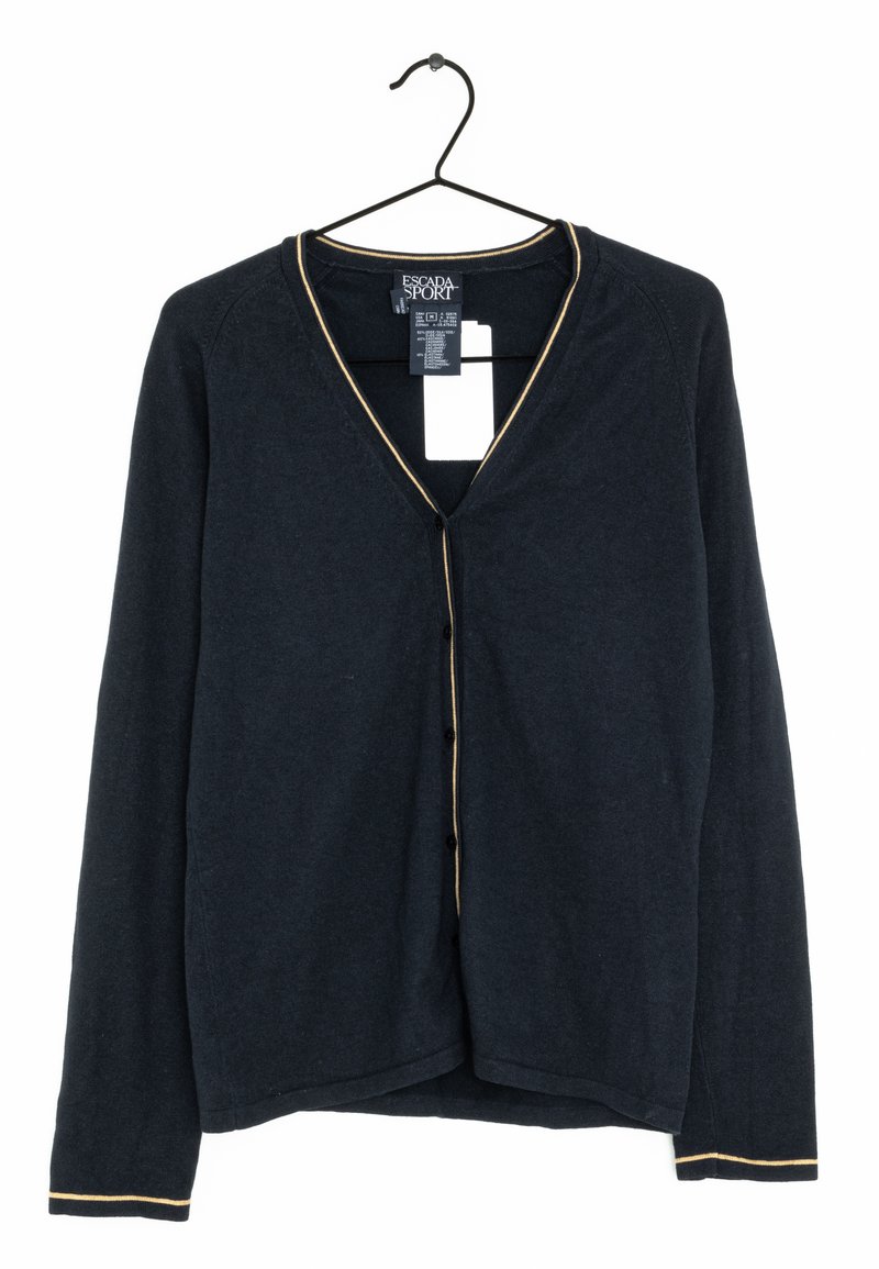 Navy blue cardigan with a V-neck, long sleeves, and gold piping along the neckline and down the front. Five black buttons for closure.