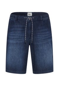Shorts in denim con elastico in vita e coulisse. Colore blu scuro, texture liscia, design fino al ginocchio, con dettagli di lieve sbiaditura.