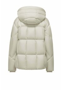 Beige gewatteerde pufferjack met een capuchon, met een doorgestikt ontwerp, dik materiaal en elastische manchetten voor warmte en comfort.