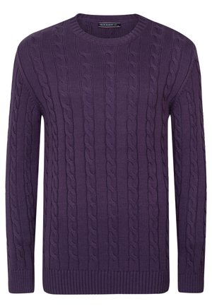 Suéter de punto morado con un patrón de trenzas, cuello redondo y puños y dobladillo acanalados. Hecho de una tela texturizada para mayor calidez.
