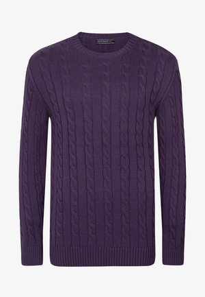 Lilla kootud sviiter, millel on kootud muster, ümmargune kaelus ning soonikkoes varrukad ja äär. Valmistatud sooja tekstuuriga kangast.