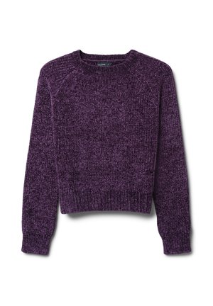 Maglione cropped viola realizzato in tessuto di maglia testurizzata. Presenta un collo rotondo e polsini e orlo a coste, con una vestibilità rilassata e maniche raglan.