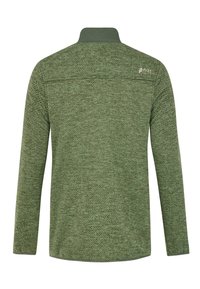 Groene langwerpige trui met een textuurpatroon, een neklijn en een logo op de bovenrug. Zacht, lichtgewicht stoffen ontwerp.