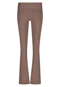 Pantalon de yoga marron avec une large ceinture élastique, forme évasée et texture lisse. Présente des coutures minimales et aucun logo visible.