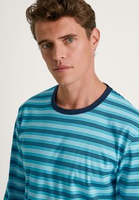 Gestreept shirt met lange mouwen, voorzien van verschillende tinten blauw en marineblauwe strepen op een lichtblauwe achtergrond, met een marineblauwe ronde hals. Zachte stoftextuur.