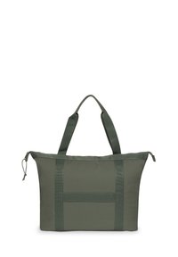 Olijfgroene boodschappentas met dubbele bovenhandvatten, verticale en horizontale riemdetails, en een ritssluiting met trekkoorden aan beide uiteinden.