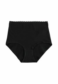 Svart högmidjad underklädesbyxa i mjukt materiale, med en vågig spetsdetalj längs midjebandet och en klassisk bikini-form.
