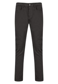 Mustat puuvillahousut, joissa on suora lahkeen leikkaus, etutaskut ja napitus. Hienovarainen kangasrakenne, sileä pinta.