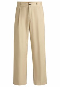 Beige trousers with a relaxed fit, featuring a flat front, two side pockets, and a single button closure. Smooth, lightweight fabric.