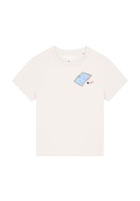 Hellgraues Baumwoll-T-Shirt mit Rundhalsausschnitt, das ein bedrucktes Design eines Schwimmbeckens und eines Schwimmrings zeigt. Kurze Ärmel, einfacher und lässiger Stil.