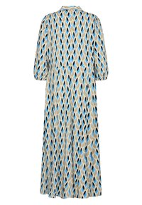 Abito lungo con colletto, caratterizzato da uno sfondo beige e un motivo fluente di onde blu e nere. Tessuto leggero, vestibilità comoda.