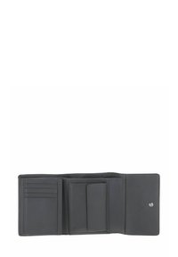 Portefeuille trifold en cuir noir avec plusieurs emplacements pour cartes, une poche à monnaie avec rabat et un compartiment à bouton-pression, ouvert et posé sur fond blanc.