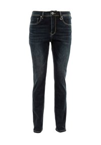 Jeans de mezclilla azul oscuro con corte slim, que cuentan con cinco bolsillos, costuras en contraste, cremallera y detalles en metal.