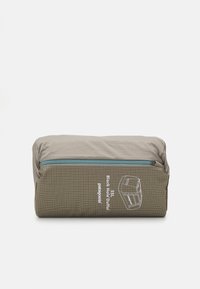 Gray duffel bag with a grid pattern, featuring a blue zipper and labeled "Black Hole Duffel" in white text on one side.