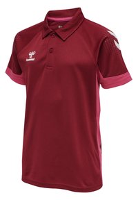 Marinröd polo skjorta med krage, korta ärmar och kontrasterande rosa detaljer. Tyg med struktur som har ett subtilt mönster; logotyp på bröstet.