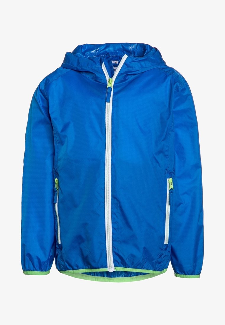 Blau leichte Kapuzenjacke mit Reißverschluss, mit weißen Reißverschlüssen und grünen Akzenten. Glatte Textur, elastische Bündchen und Bund.