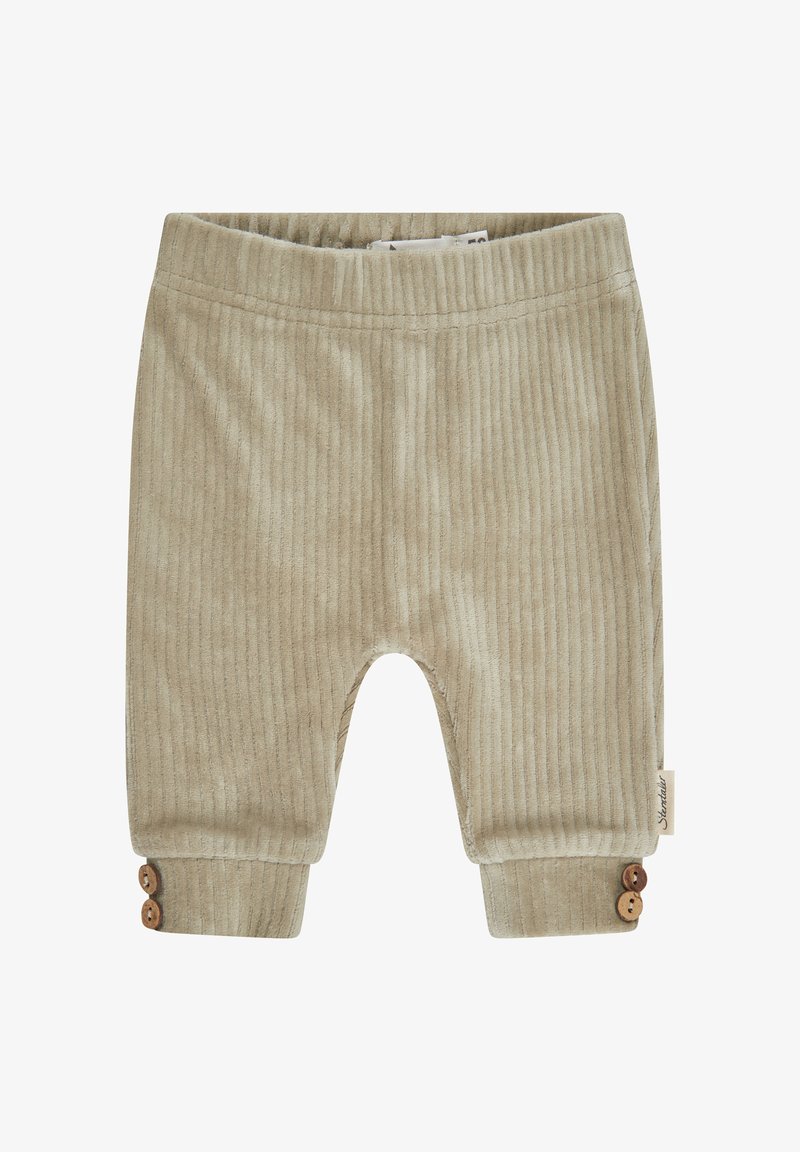 Beige Corduroyhosen mit einer gerippten Textur, elastischem Bund und Knopf-Akzenten an den Bündchen. Verfügt über ein kleines Markenlabel an der Seite.