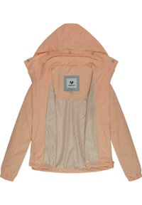 Jacket v broskvové barvě, lehký, s kapucí, detail s patentkami a hladkým béžovým podšívkou. Obsahuje značkovou vnitřní visačku.