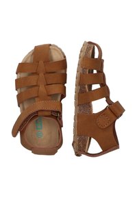 Bruine leren sandalen met meerdere banden, verstelbare enkelgesp en een gewatteerde binnenzool. De zolen hebben een textuurpatroon voor grip.