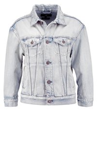 Light blue denim jacket featuring a classic design, button closure, two chest pockets, and frayed collar detailing.